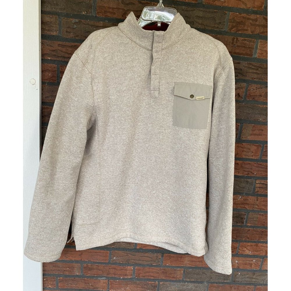 Woolrich Mock Neck Shirt XL Long Sleeve Oatmeal Beige Top Pocket Snap Close